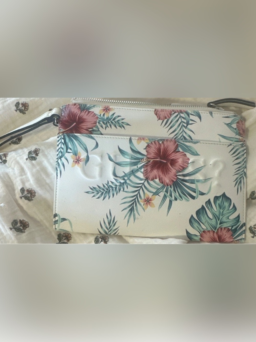 Guess White Floral Wristlet Clutch with Pink Hibiscus Print
